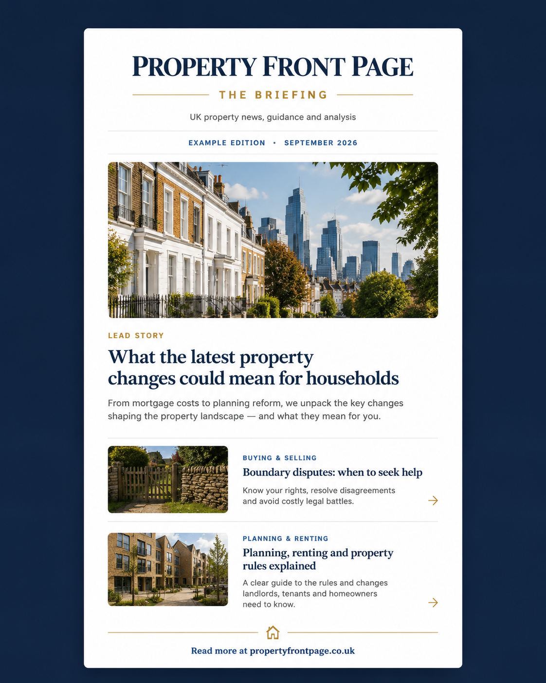 Example of the Property Front Page Briefing email newsletter
