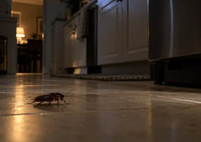 Cockroach Crossing A Kitchen Floor At Night
